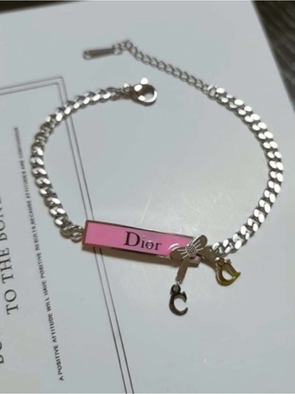 CD Inspired Pink Enamel Charm Chain Bracelet
